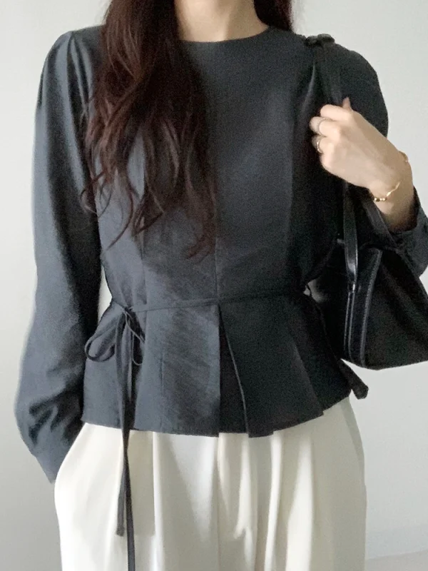 Women's Long Sleeve Shirt round Neck Tie Waist Design Slimming Korean Style Top for Autumn Spring Winter Casual Wear