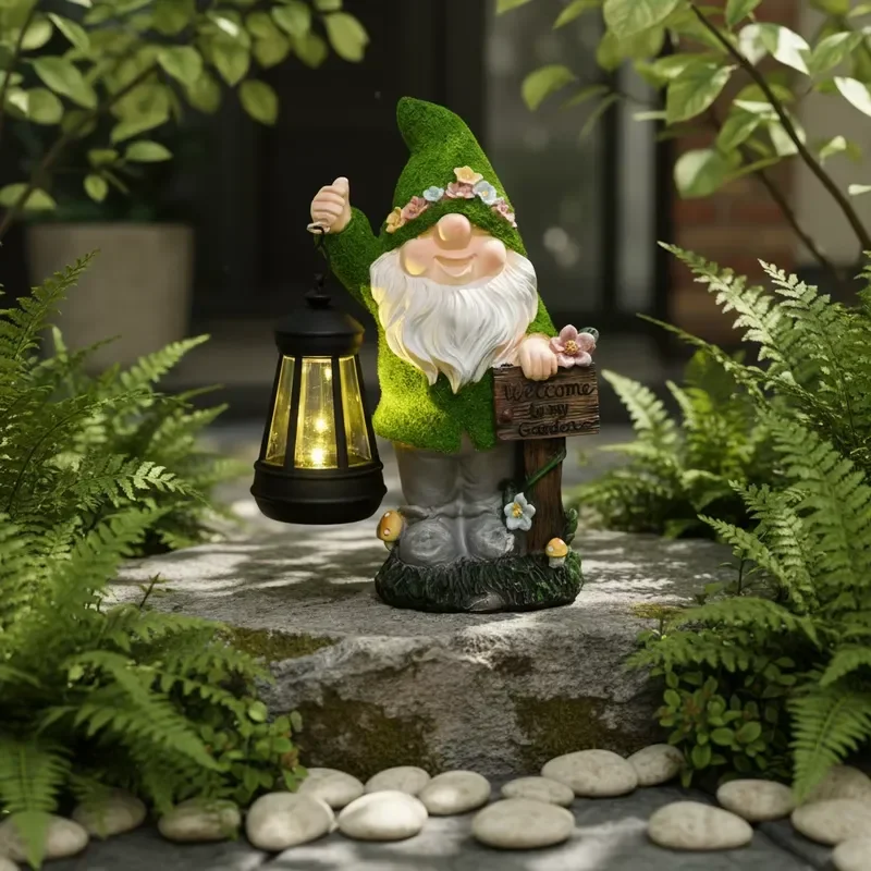 Garden Gnome Statue Outdoor Decorations Hand Painted Resin Sculpture Waterproof Solar Light Lantern Welcome Light