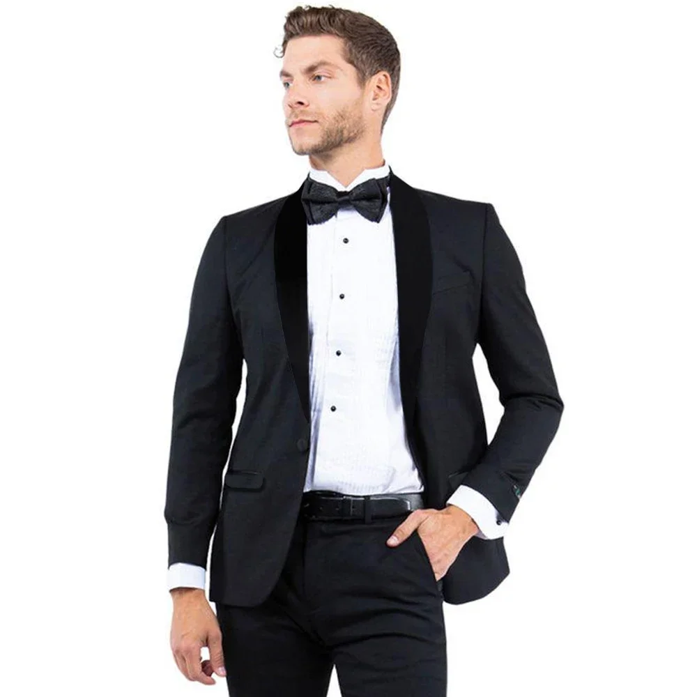 

Luxury Velvet Shawl Lapel Men Suits 2 Piece Black Fashion Formal Banquet Prom Party Male Suit Slim Elegant Wedding Groom Tuxedo