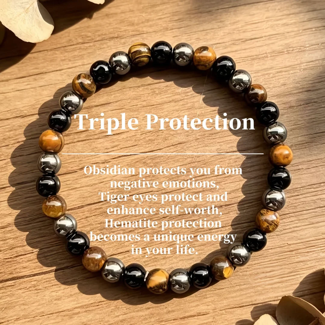 6mm Dreifach-Schutz Naturstein Perlenarmband Unisex Heilkristall Energie Armband Modeschmuck Geschenk für Männer Frauen