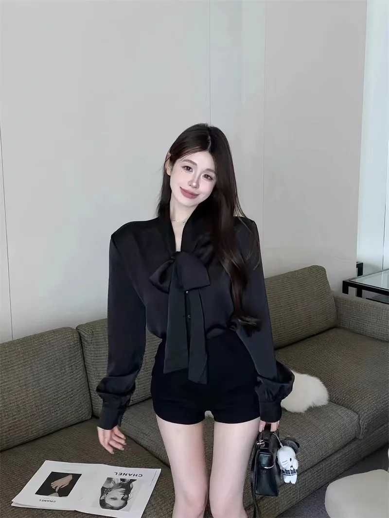 Raso di seta lungo Sve irt Donna Inizio autunno Bianco irt Design delicato Nodo Top Pad oulder Pendolarismo Sle Slim Fit