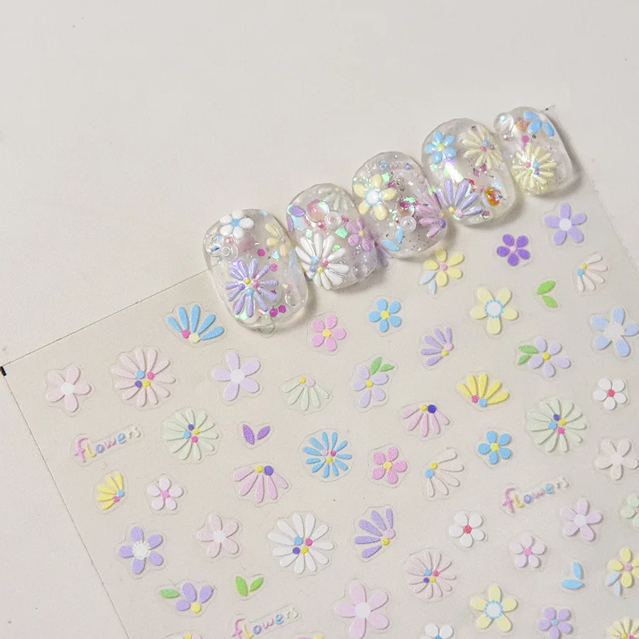 3D Lovely Translucent Hollow Love Heart Starlight Colorful Daisy Floret Adhesive Nail Art Stickers Decals Manicure Kawaii Charms