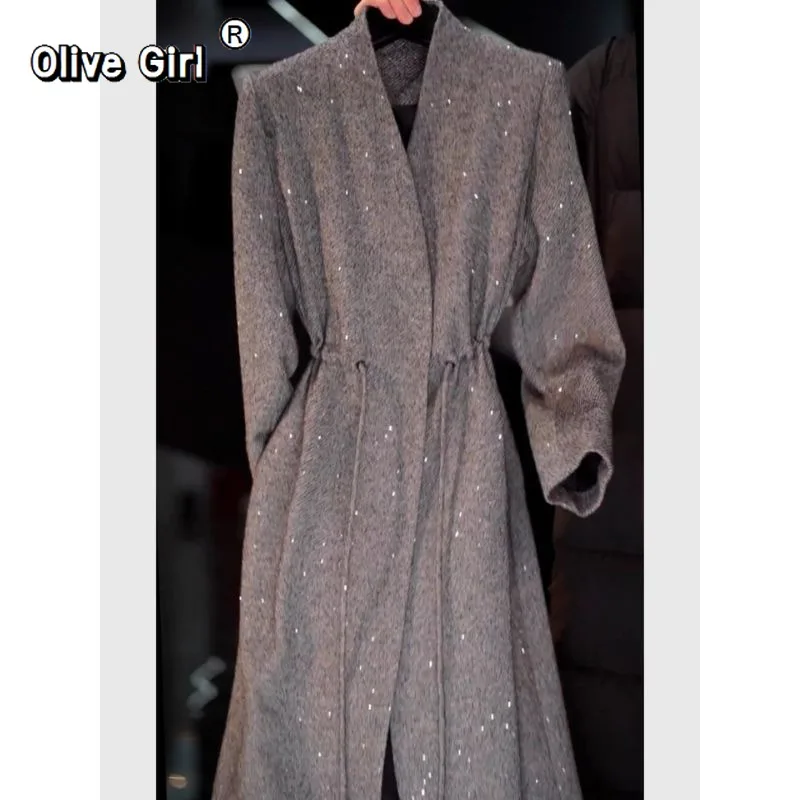 

Серый кардиган с блестками на талии, куртка с запахом, плащ с v-образным вырезом, элегантный топ средней длины из высококачественной ткани, женская одежда