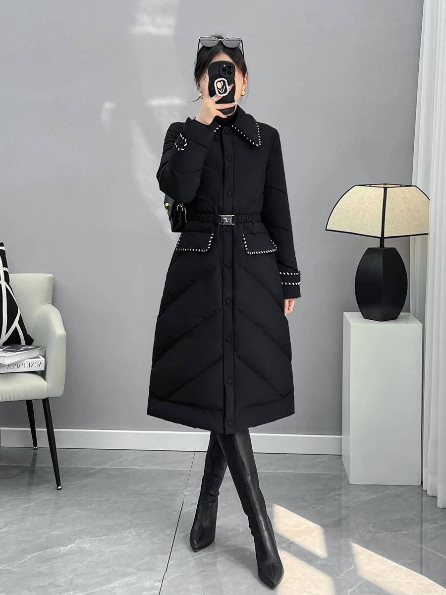 

Bla Mid-Length Puffer Jaet Women's Winter Faion Slim Fit White Du down Coat Turn-Down Collar Ele Waist-Cinching