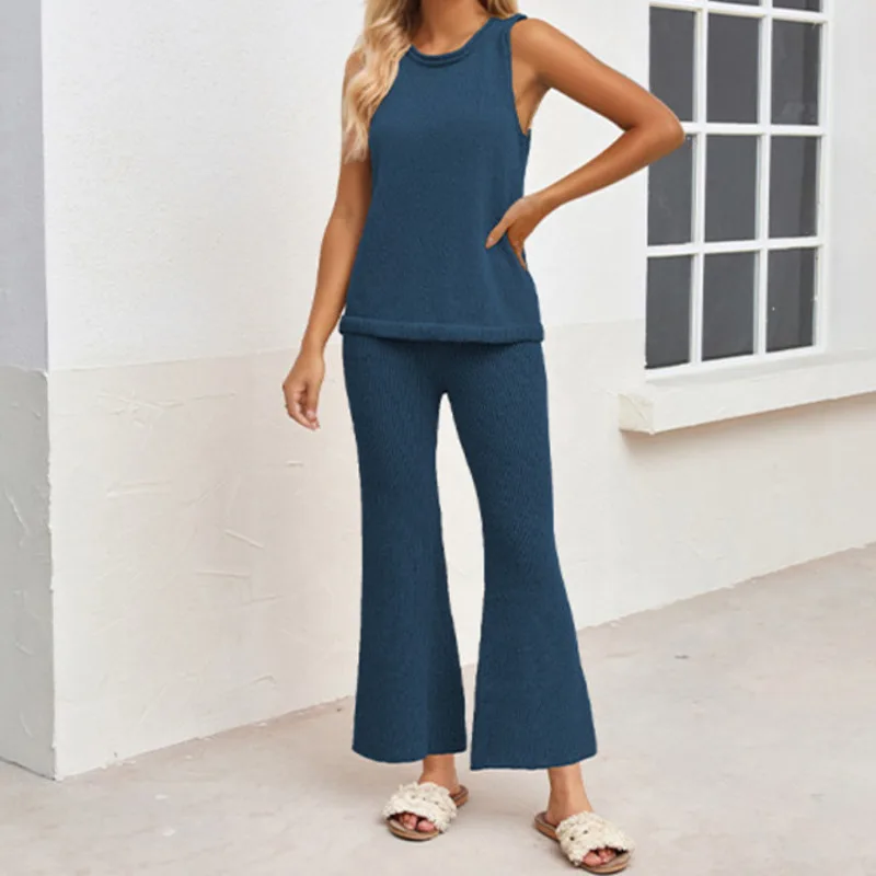 2024 Summer Autumn Women's Casual Knitted Pullover Halter Vest Nine Points Micro Stretch Wide Leg Pants Women's Two-piece Suit