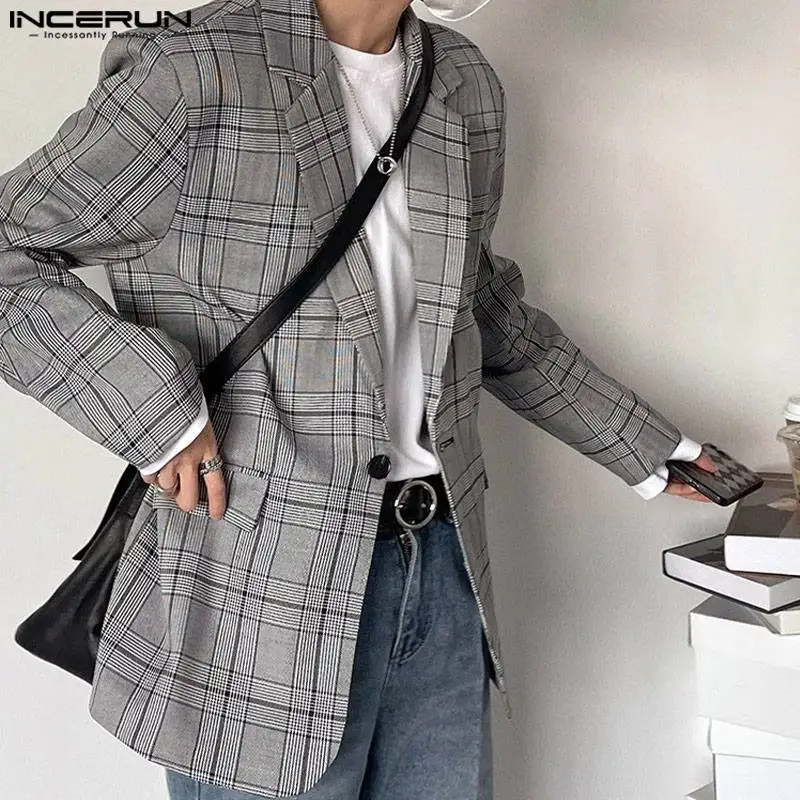 Handsome Well Fitting Tops INCERUN Men\'s Plaid Design Suit Coats Autumn Winter Casual Streetwear Male Long Sleeved Blazer S-5XL