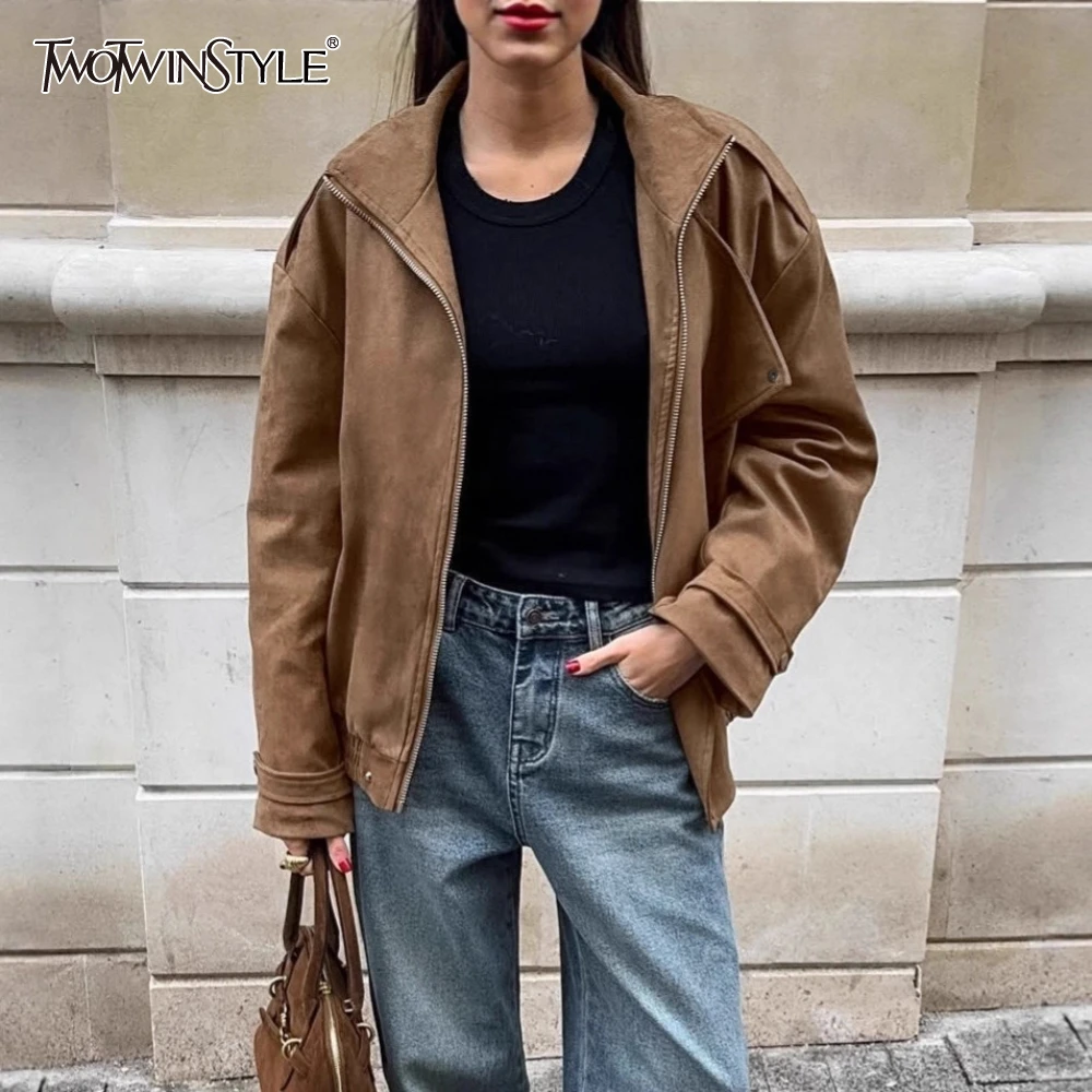 

TWOTWINSTYLE Autumn Retro Brown Jacket for Women Lapel Long Sleeve Patchwork Zipper Casual Street New Coat Female Fashion Style