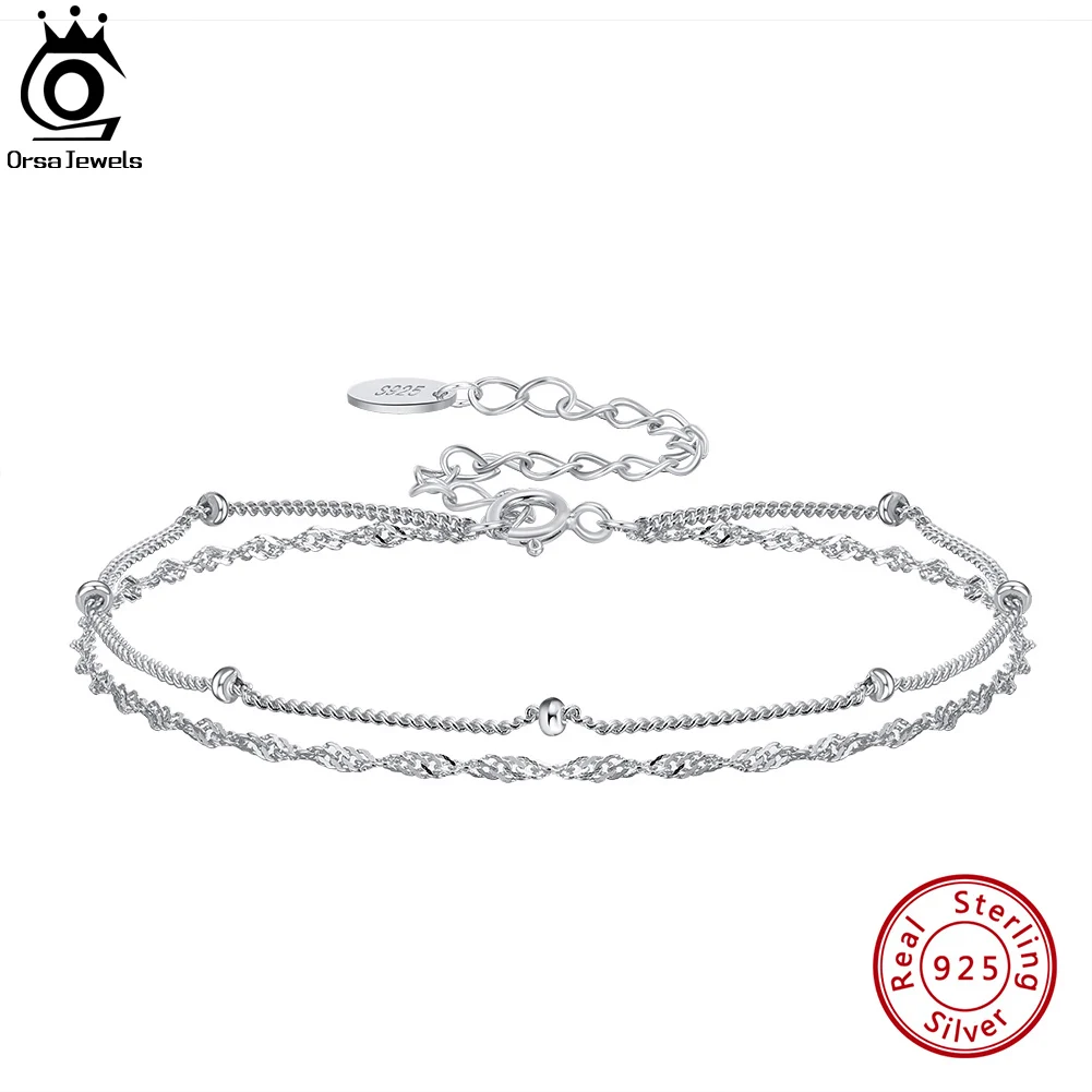 ORSA JEWELS Solid 925 Sterling Silver Italian Chain Bracelet 2 Layers Water Ware with Satellite Chain for Women Teen Girls SB131