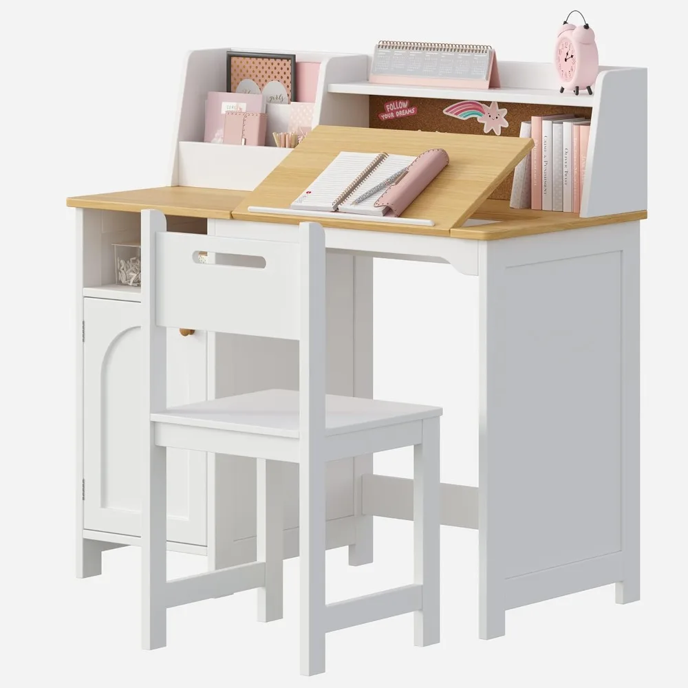 Children's Study Desk and Chair Set with Adjustable Tilt Desk and Hutch for Ages 3-8, Wooden Study Table for Kids