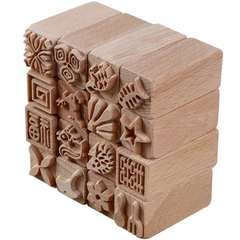 Hand Carved Wooden Stamps Wood Seal for Printing DIY Clay Pottery Printing Blocks Clay Tool Fish Bone / Squirrel / Flower / Deer