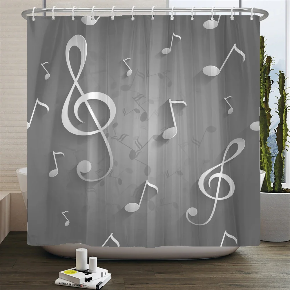 200x180cm Bathroom Waterproof Shower Curtain Simple Art Music Notes Pattern Printed Polyester Home Decoration Curtain With Hooks