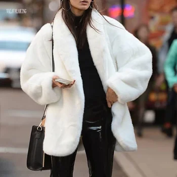 2025 Cappotto invernale da donna in pelliccia sintetica pelosa bianca Colletto rovesciato femminile Manica lunga Giacca in peluche Lady Pelliccia finta Caldo cardigan soffice