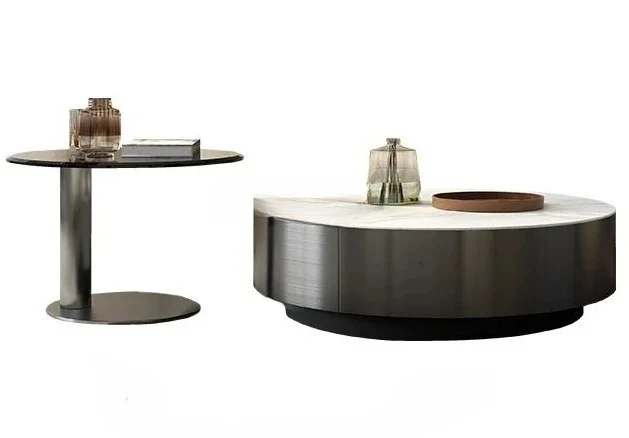 

y LightLuxury Italian Bright Stone Plate Tea Table Combination Modern Minimalist Designer Glass round Stainless Steel Table