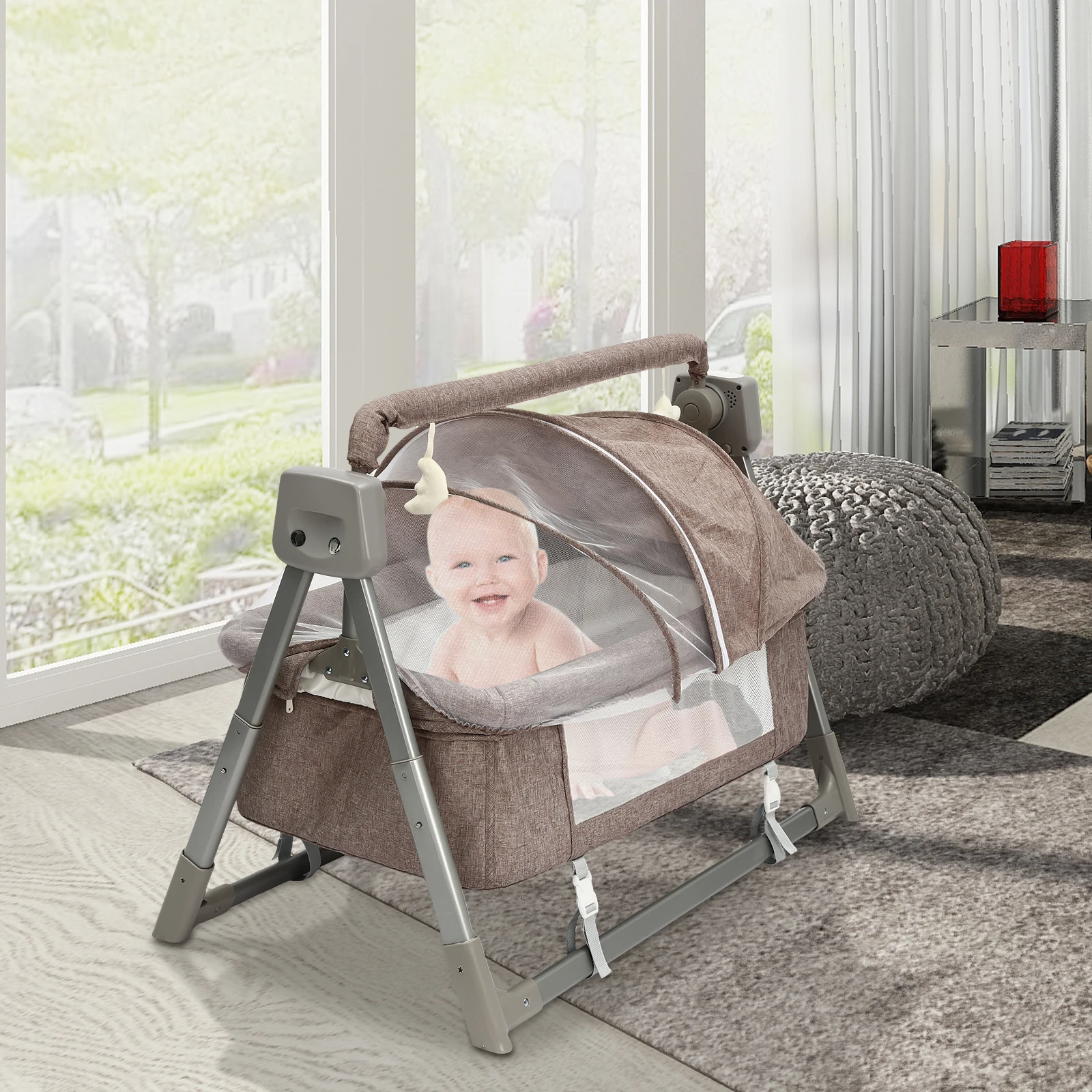Khaki Rocking Chair Electric Cradle Baby Swing Bed Automatic Rocking Recliner Crib Basket Music Remoter Control Rocker Sleeping