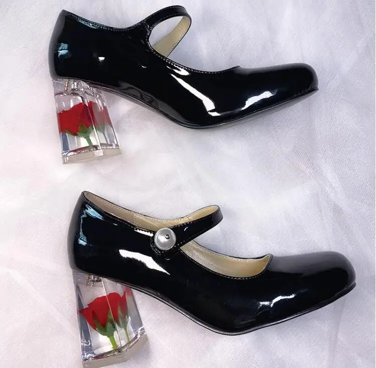 

Red Rose Flower Inside Clear Chunky Heels Pumps Pearl Buckle Strap Black Patent Leather Mary Jane Shoes for Women