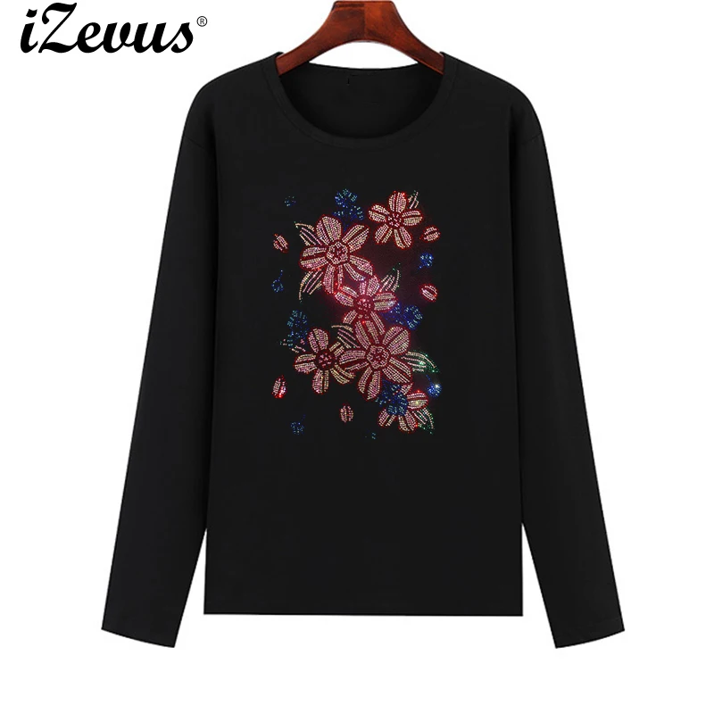 Pretty diamond flowers High quality ladies fall and winter long-sleeved bottoming casual T-shirt loose comfortable soft T-shirt