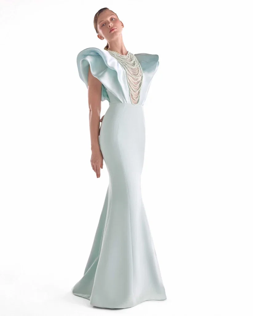 Customized Light Blue Mermaid Cap Sleeve Evening Dresses Chest Cheer with Handmade Pearls Floor Length Elegant Prom Party Gowns