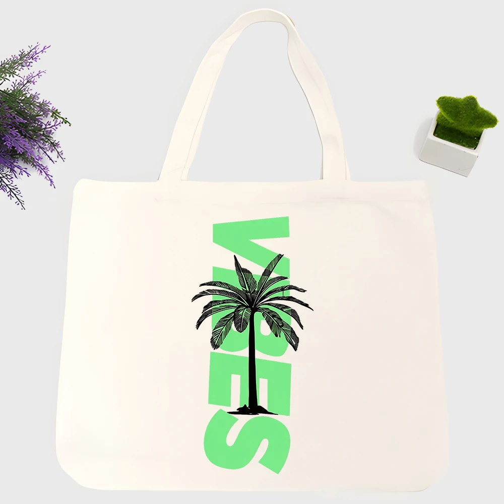 Men's palm tree and letter print canvas tote bag, casual style for summer shopping and daily outings