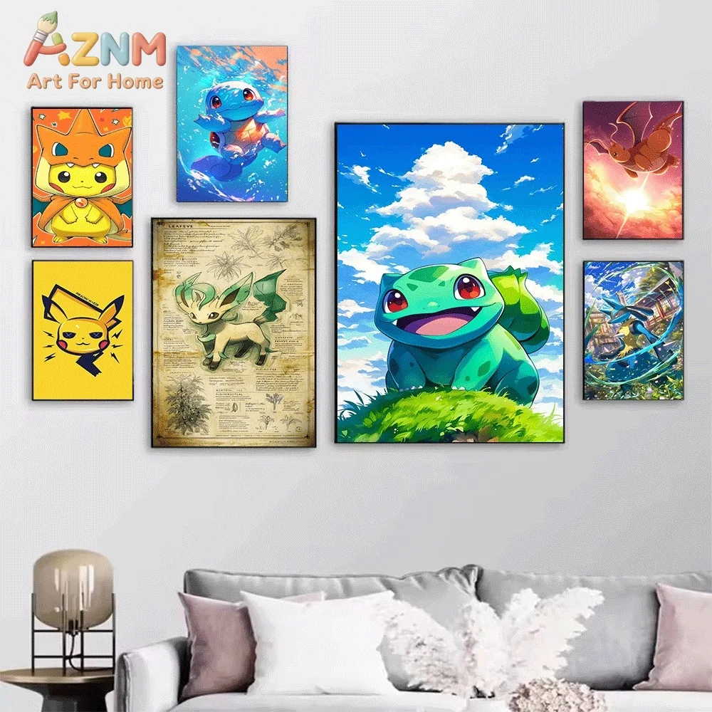 AZNM Ash and Pikachu Starry Night Forest View Anime Canvas Wall Print, Game Character Art Poster, Unframed Canvas Painting for