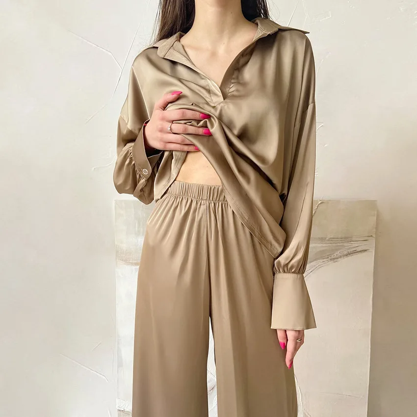 

Spring Women's Sleepwear Silky Satin 2PCS Pajamas Set Long Sleeve Shirt&Pant Nightwear Causal Trousers Suit Female Home Clothes