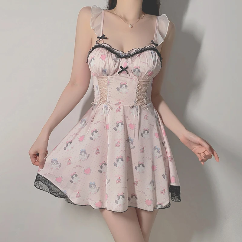 

Cute Ragdoll Cat Print Night Dress Woman Lingеrie Nightgowns Sleepwear Sexy Hot Night Wear For Ladies With Chest Pads Slimming