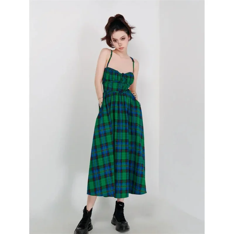 Vintage Green Plaid Backless Strap Dress Women's Sexy Sweet Sleeveless Lace-up Beach Dresses Vestidos De Verano Mujer 2023