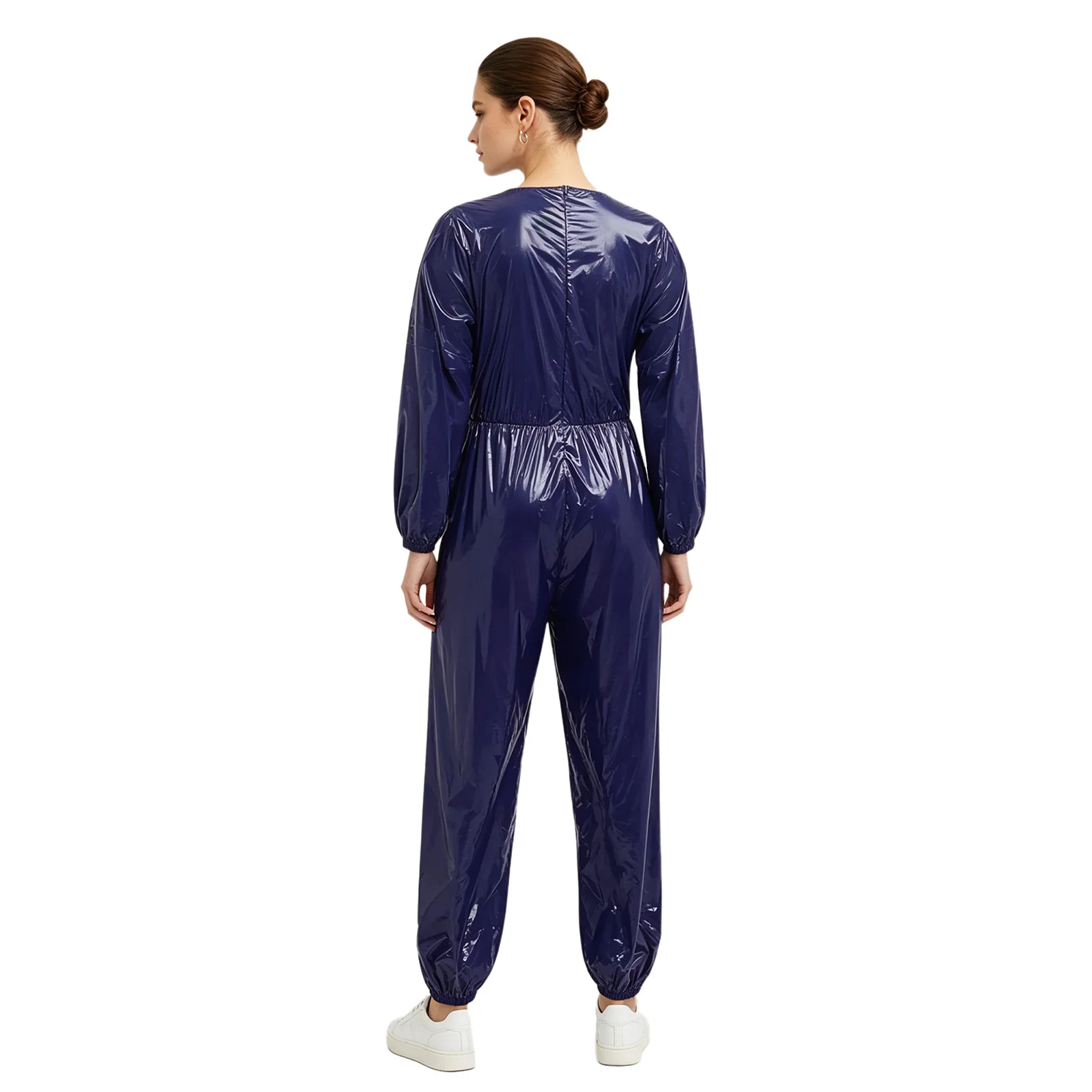 

Womens Shiny Sweat Track Suit Jumpsuit Khaki Sauna Sweat Unitard Bodysuit Waterproof Fitness Back Zipper Long Sleeve Bodysuit