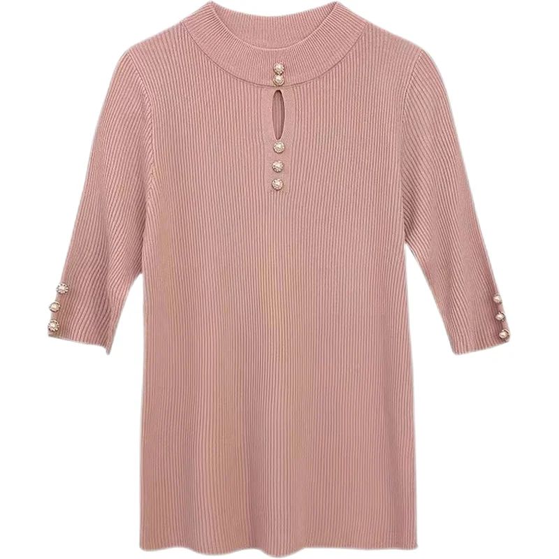 Half Sleeve Turtleneck Tunic Shirts Solid Pink Knitted Sweater T-shirts Hollow Buttons Design Elegant French Trendy Office Lady