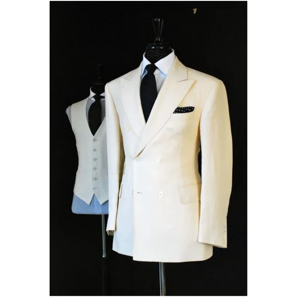 

White Double Breasted Men’S Suit Prom Groom Tuxedos Groomsmen Wear Wedding Gentleman Suits Men Stylish 3pieces(Jacket+Pant+Vest)