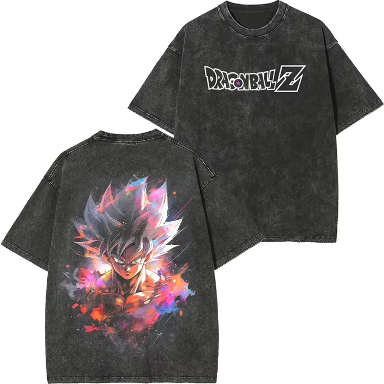 Dragon Ball Retro Washed T-shirt Wukong Demon Man Buou 100% Cotton Cartoon Men's and Women's Animation Short-sleeved Top