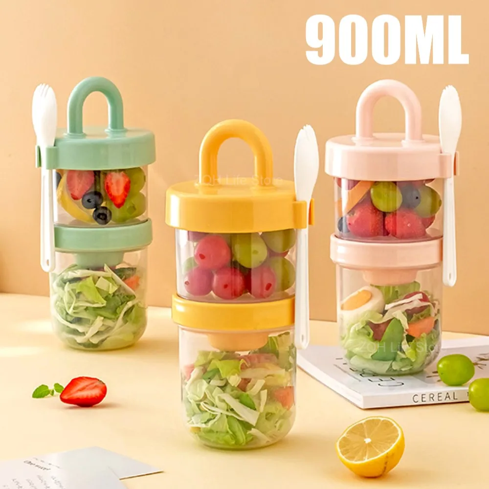 Taza de ensalada de yogur de avena de fruta de desayuno con cuchara de tapa, caja de almacenamiento de alimentos de 2 capas, contenedor de verduras portátil, taza agitadora de ensalada, 900ML