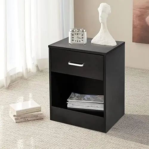 

Nightstands with Drawer for Bedroom, Wood Night Stand Set 2 with Open , Modern Nightstand Bedside Tables , End , Black Tv table