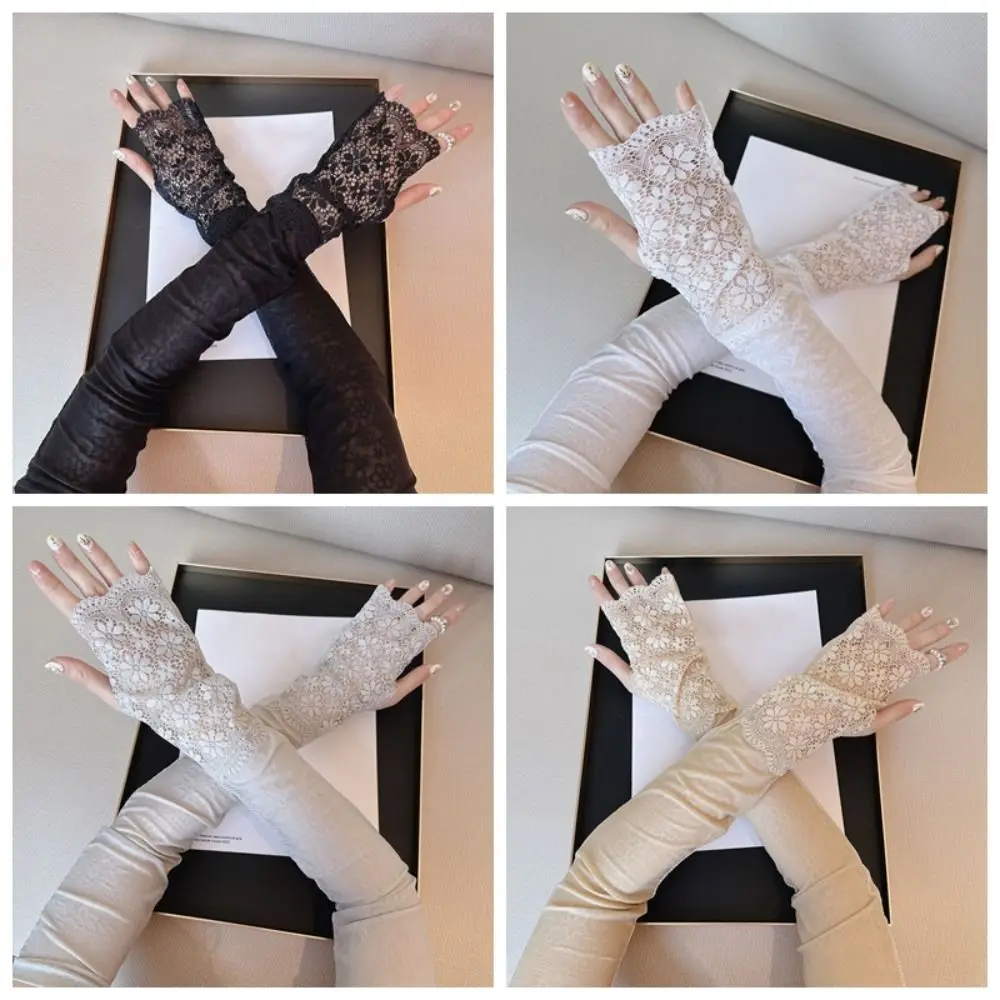 

Cute Ice Silk Sun Protection Sleeves Long Fingerless Lace Sunscreen Sleeves Breathable UV Protection Arm Sleeve Summer Outdoor