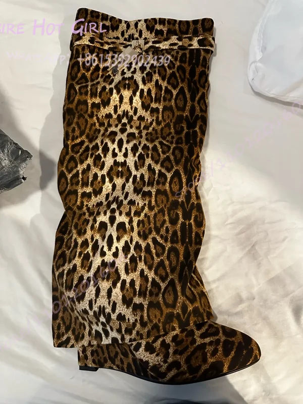 Suede Brown Leopard Black Spotted Wild Woman Boots Knee Gold Lock Sexy Totem Cool Flats Slip Metal Belt Buckle Round Wedge Shoes