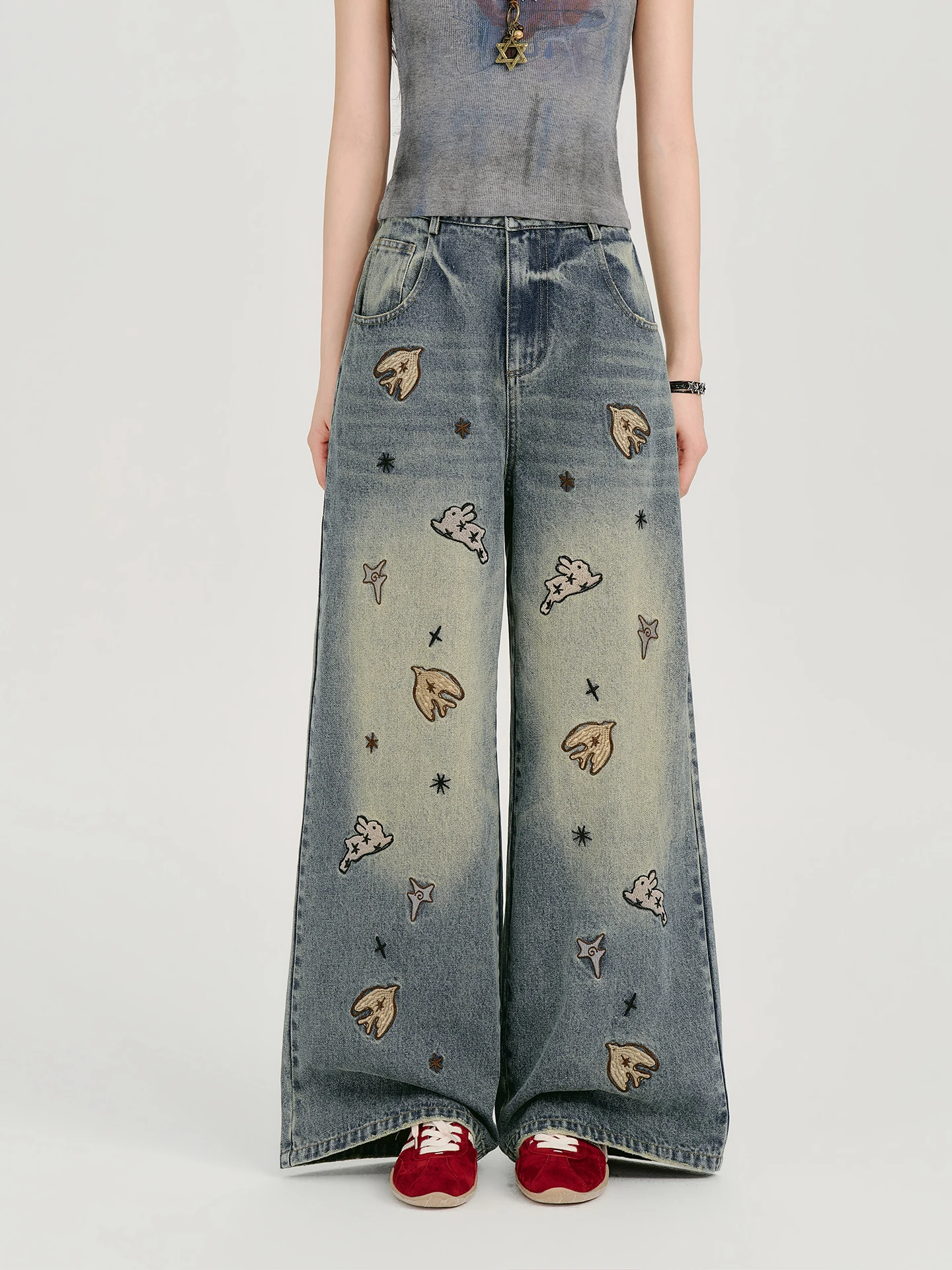 

Girlyhalo American Retro Embroidered Washed Wide Leg Jeans Women Summer New Straight Loose Long Pants Ladies Loose Fit Jeans