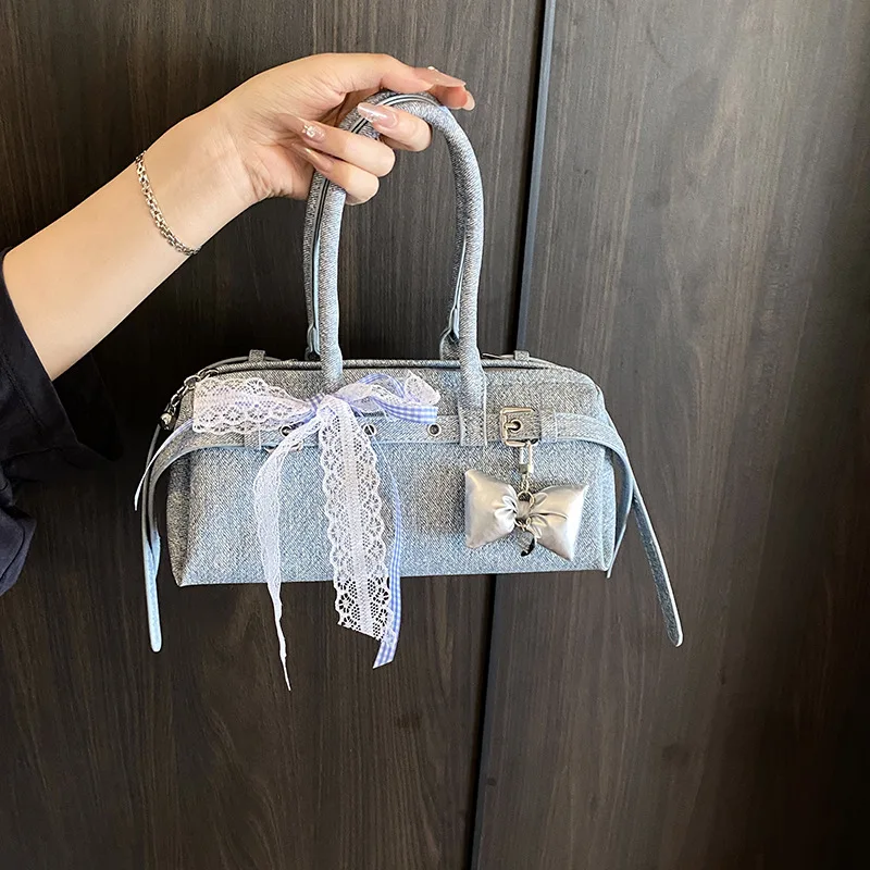 

​​2025 Designer Sweetheart Bag, French Lady Chic Top Handle Denim Purse Wvn Unique Bow Accent Artisan Shoulder Darling