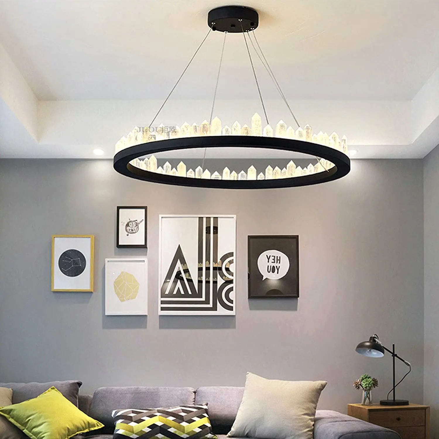 Modern K9 Transparent Crystal Chandelier Nordic Simple Circle Ring Paint Black Pendant Light for Dining Room