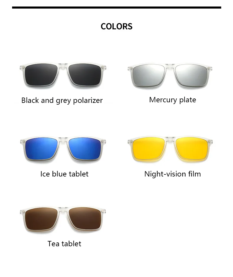 Transparente Damen-Sonnenbrille mit quadratischem Rahmen, 6-in-1-Brille mit magnetischem Clip, polarisierte Nachtsichtbrille für Herren – Detail 10