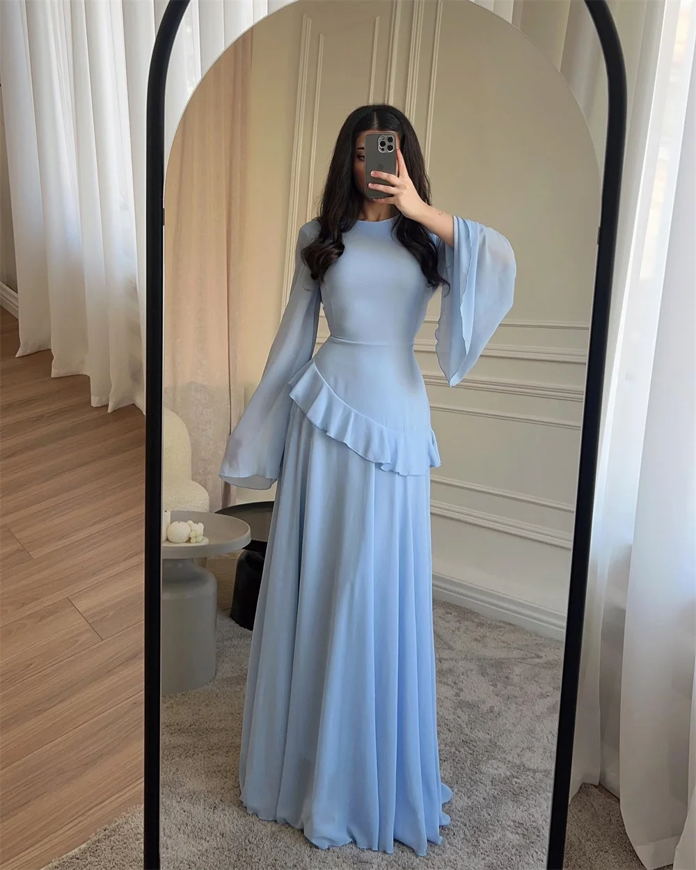 

Cathy Customized Elegant O-Neck Waist Cinching Prom Dress Long Sleeve Draped vestidos de noiva Floor-Length Formal Evening 2025