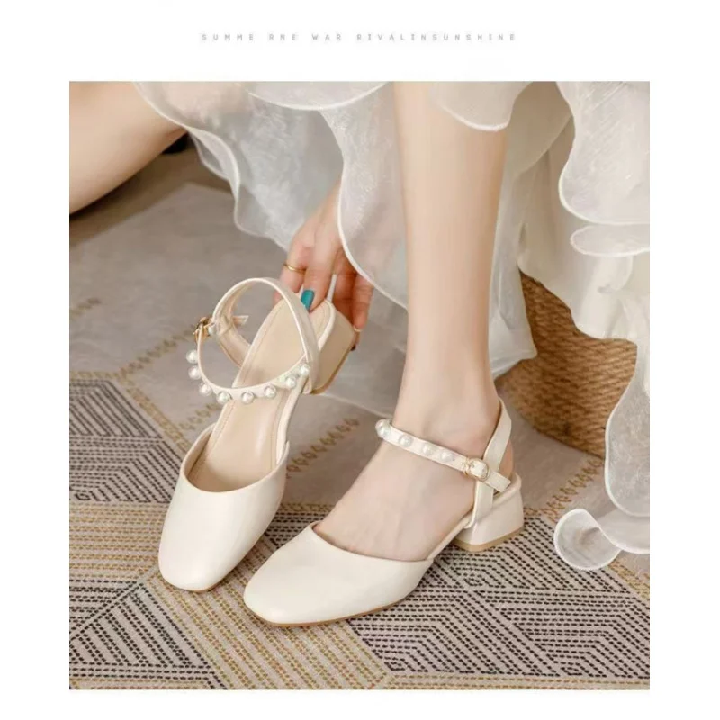 Women's French Elegant Chunky Heel Sandals Pearl Ankle Strap Hollow Out Party Shoes Wedding Evening Dress Sandals 2026 Summer