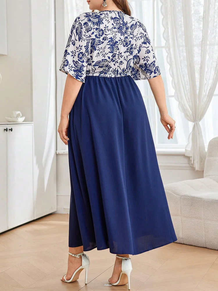GIBSIE Plus Size Floral Print V-Neck Drawstring Long Dress Women Summer High Waist Vacation Half Sleeve Chiffon A-Line Dresses
