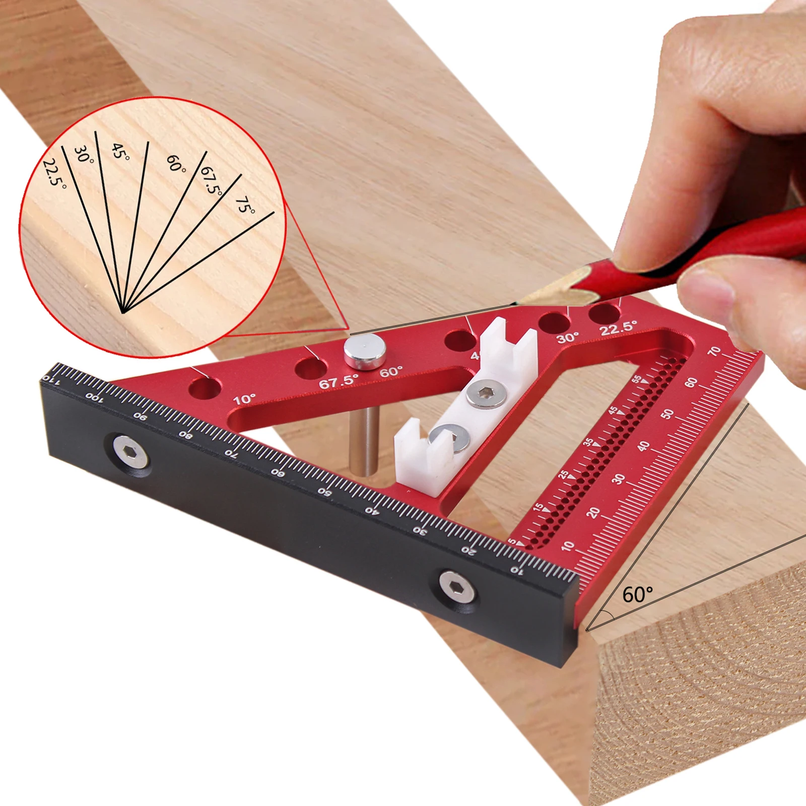 1Pc 3D Multi Angle Measuring Ruler 22.5-90 Degree Aluminium Carpentry Square Protractor Drawing Line Ruler Miter Triangle Layout