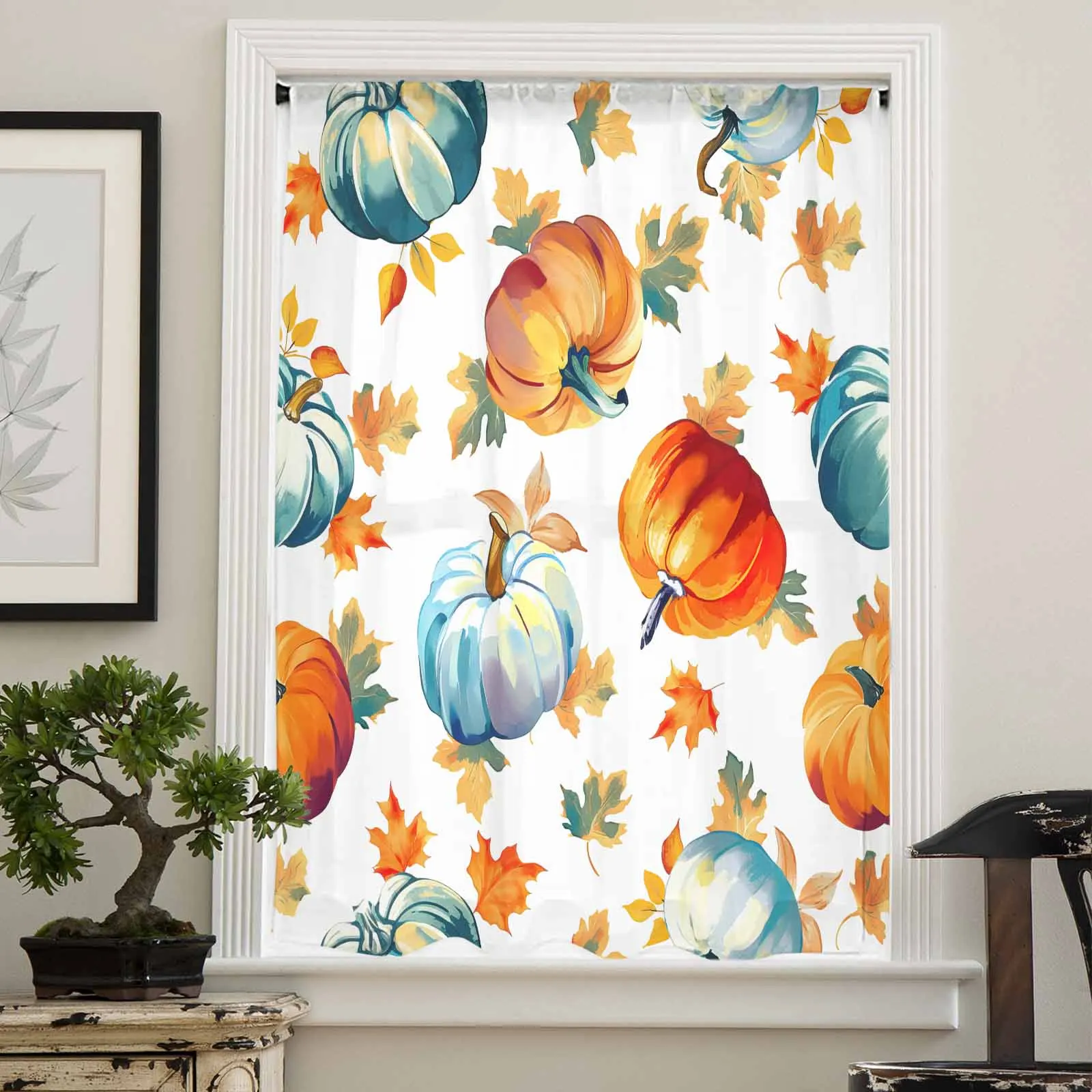 Hand-Painted Watercolor On Pumpkin Leaves Sheer Curtain Living Room Drapes Home Bedroom Voile Curtain Tulle Window Curtain