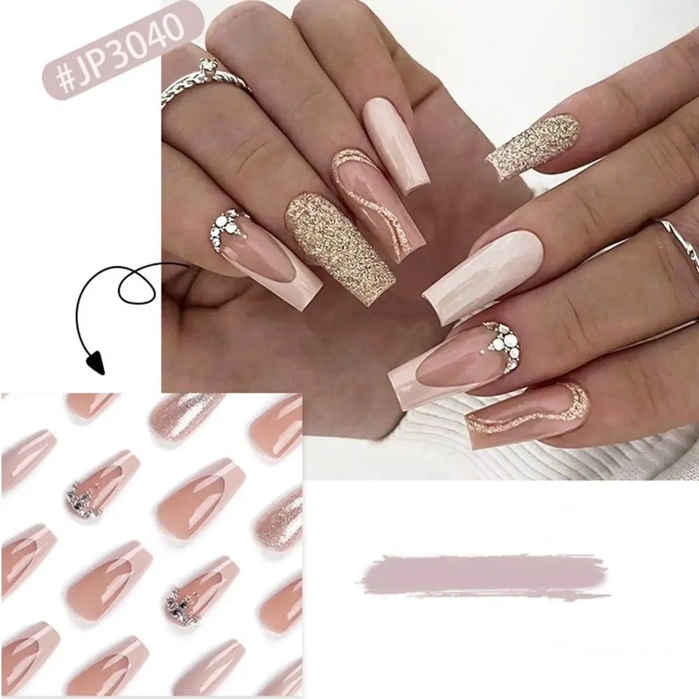 새로운 롱 발레리나 인조 손톱 화이트 엣지 글리터 크리스탈 네일 팁 프렌치 탈부착 가능한 가짜 손톱 DIY