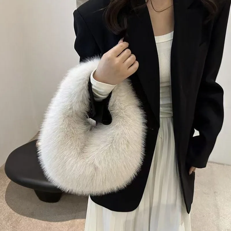 

Winter Soft Plush Half Moon Bag Faux Fur Party Clutch Bag Lady Handbags Fluffy Female Winter Purse Casual Tote Bag