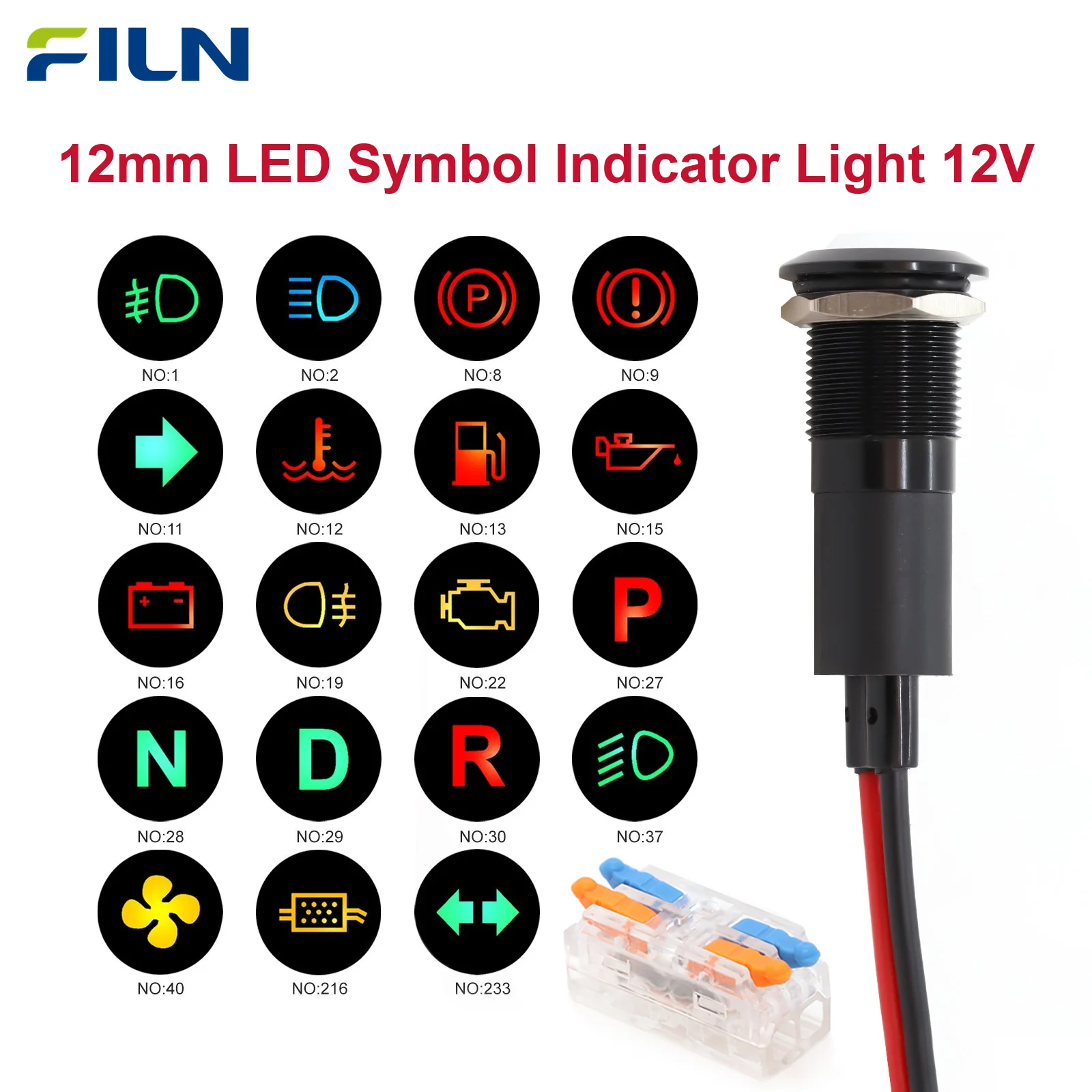 FILN 12mm LED Indicator Light Black Metal Symbol Dash Pilot Warning Lamp 12V Pre-Wired with Wire Connector for Vehicle Marine