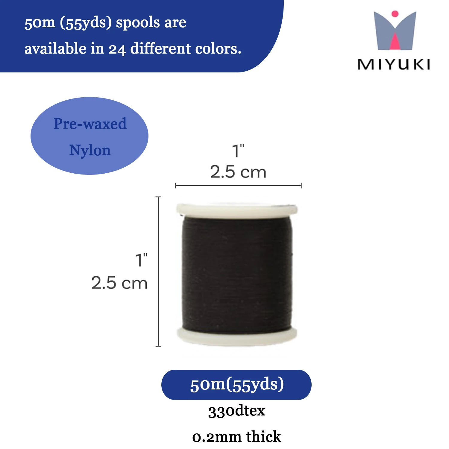Miyuki Beading Thread 0.2mm 330 Dtex, Pre-Waxed Nylon, 55 Yard for Delica Seed Beads, 24 Colors are Available