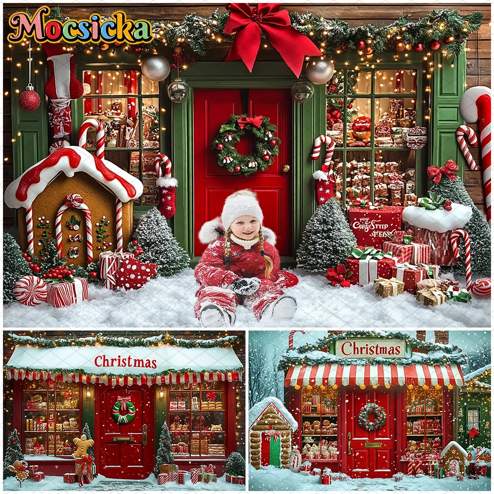 

Mocsicka Christmas Background Photography Snowflake House Tree Children Baby Backdrop Gift Red Door Decor Photo Studio Wallpaper