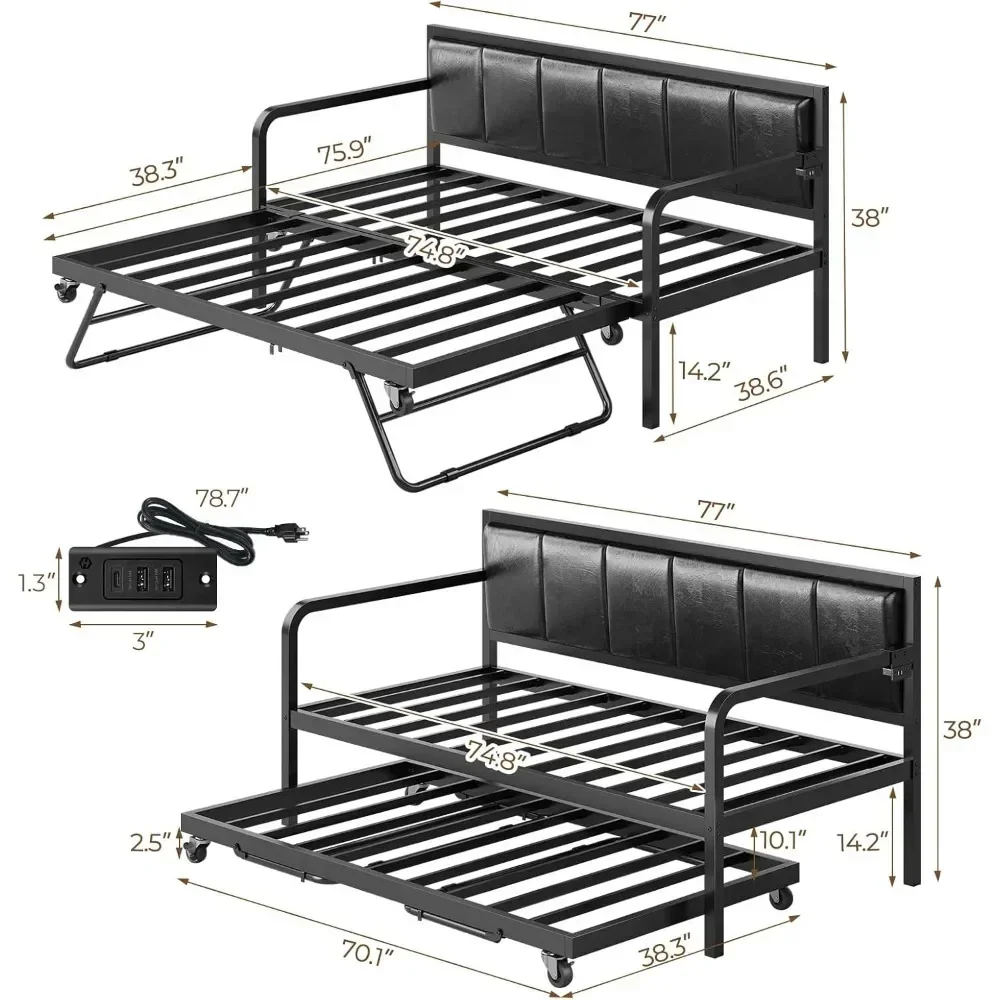 Tagesbett mit USB-Ladestation und höhenverstellbarem LED-Toppelbett mit gepolstertem Bettrahmen mit ausziehbarem Bett