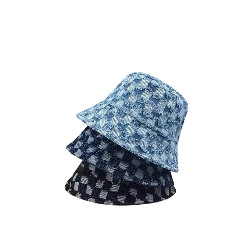 Popular Checked Plaid Denim Bucket Hat For Women Summer Tropical Beach Panama Bob Caps Outdoor Sunshade Fisherman Hat PartyGift